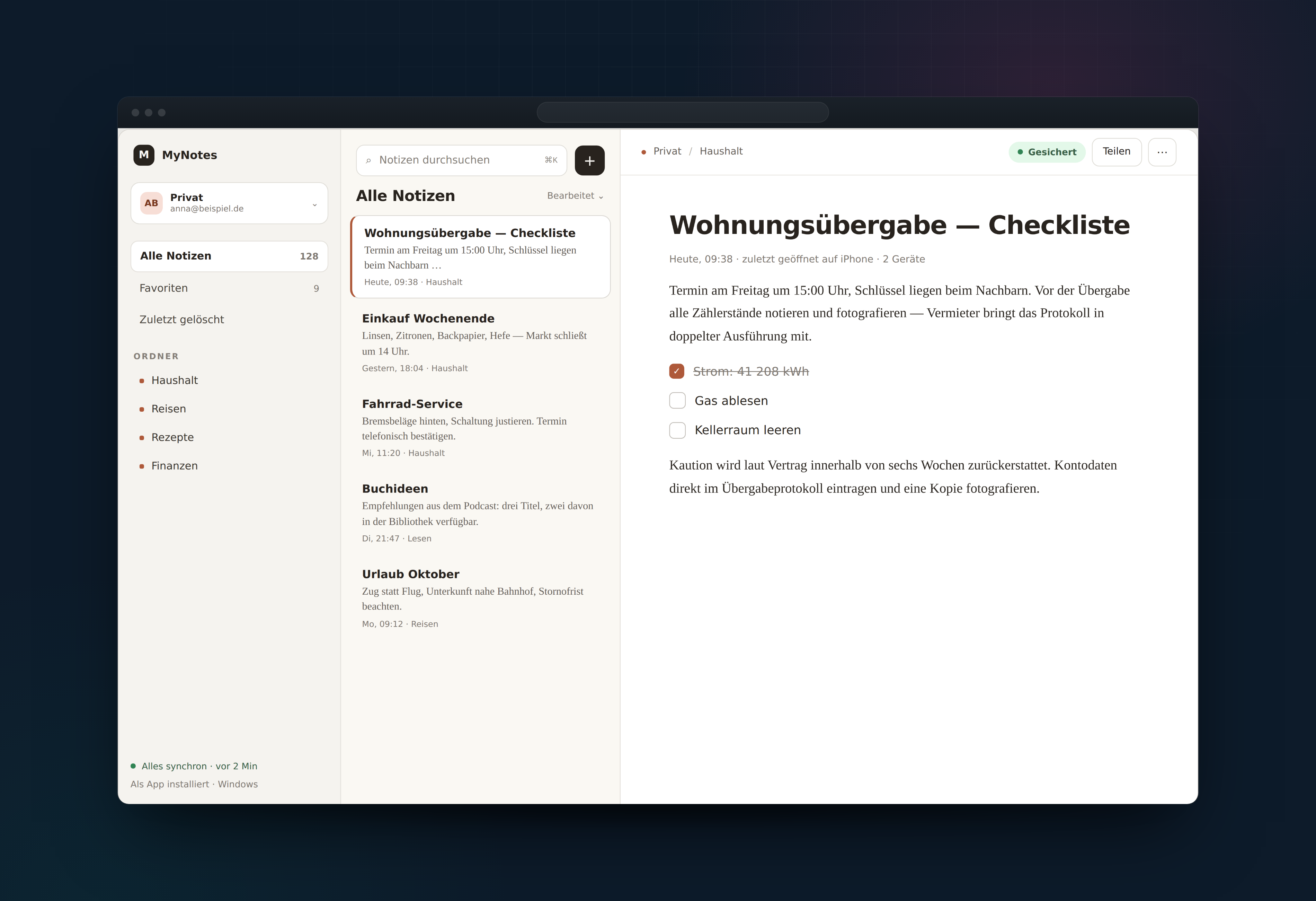 MyNotes im Browser: Ordnerleiste, Notizliste und geöffnete Notiz nebeneinander