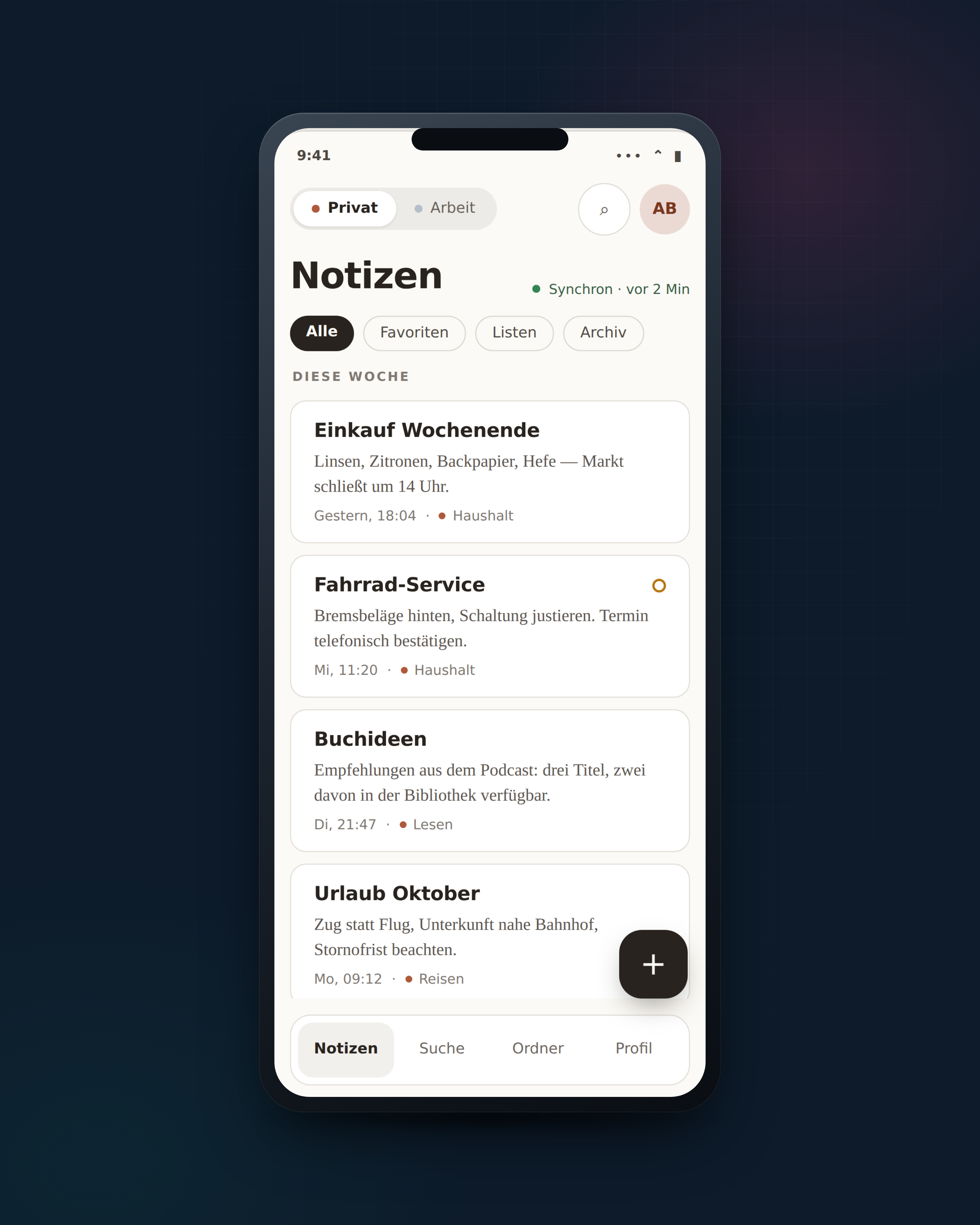 MyNotes auf dem Smartphone: Notizübersicht mit Umschalter zwischen Privat und Arbeit