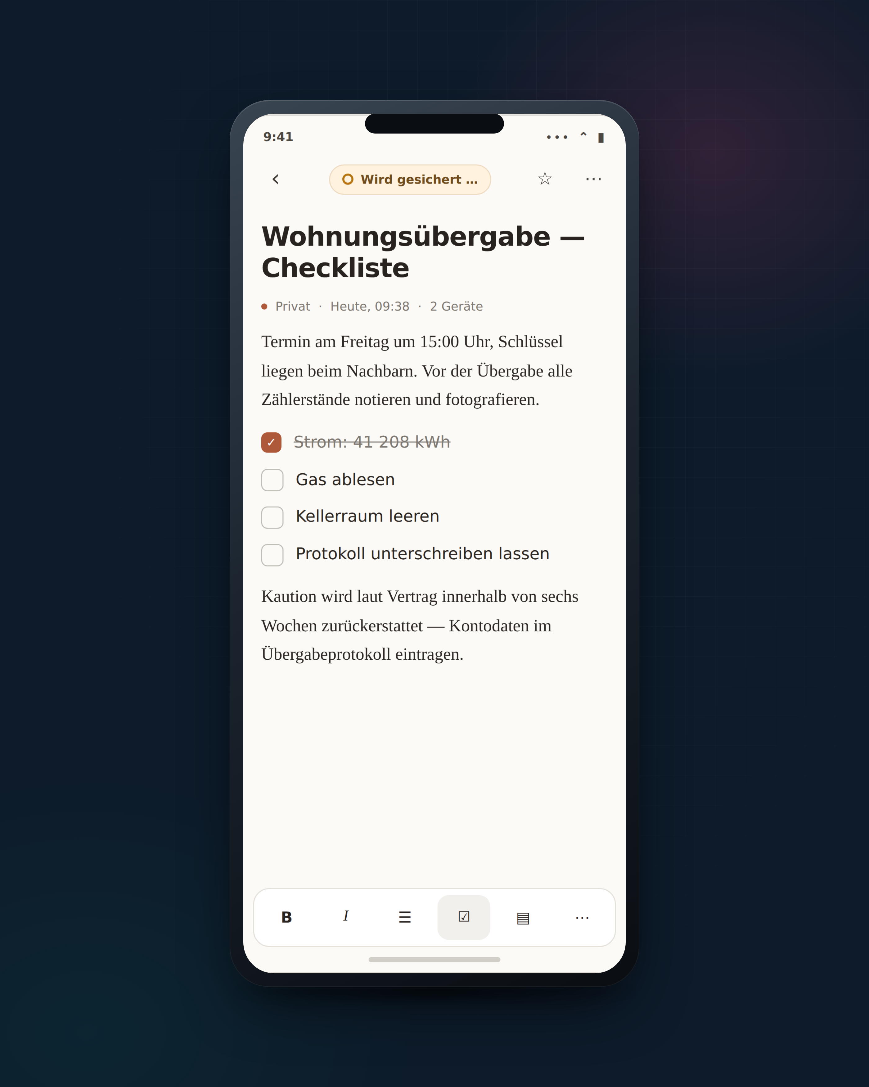 MyNotes auf dem Smartphone: geöffnete Notiz mit Checkliste und Editor-Leiste
